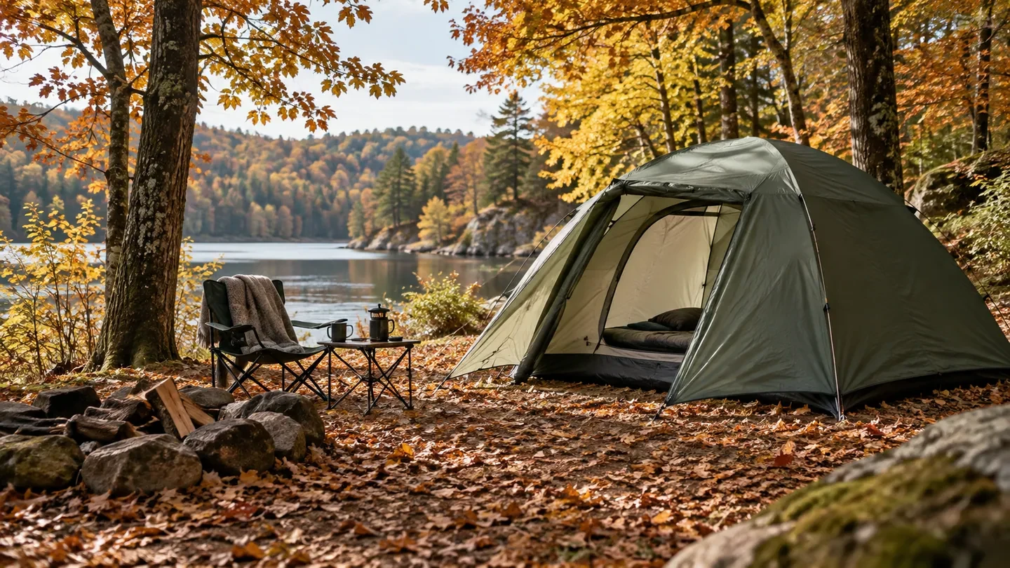 Tente entourée de feuilles dorées et cuivrées