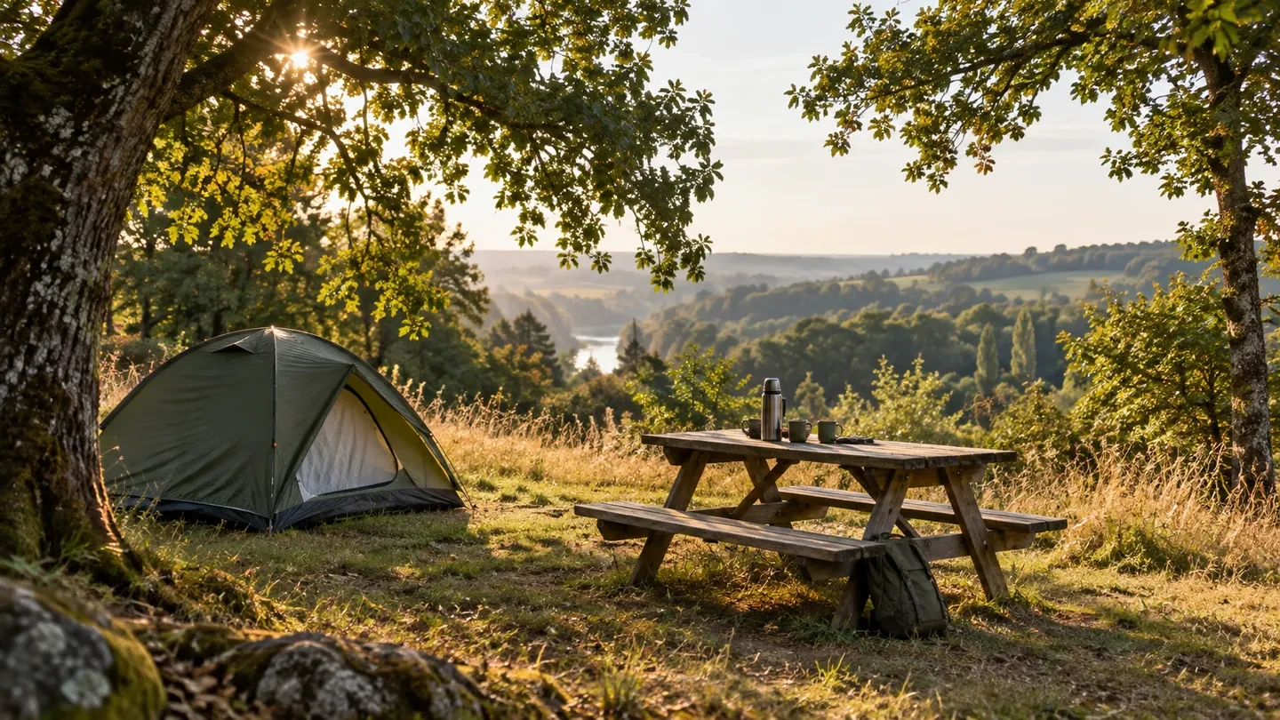 Camping arboré sous une lumière douce de fin d’été