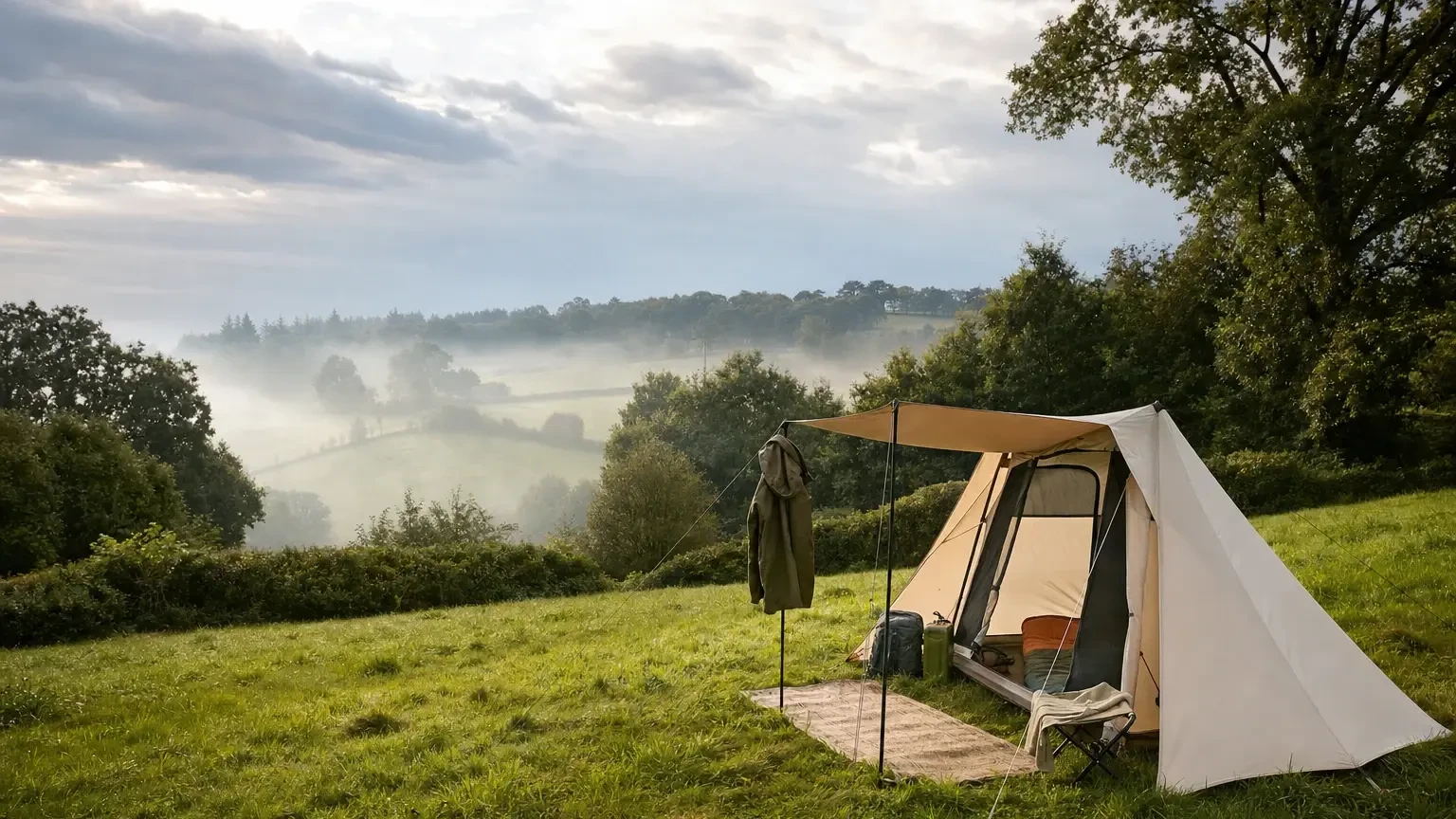 Tente installée dans une prairie verdoyante du Limousin après la pluie