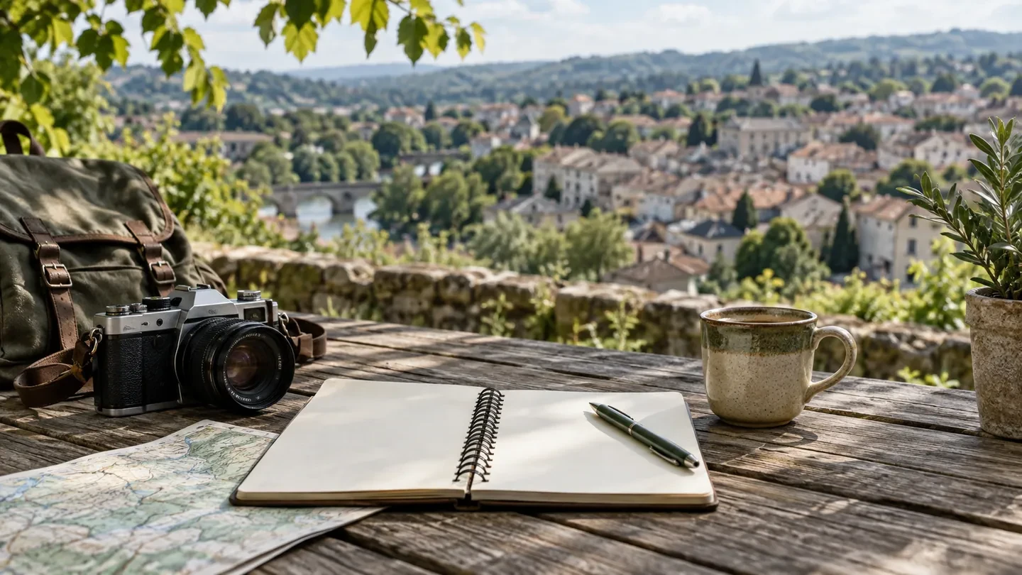 Carnet de voyage et appareil photo sur une table
