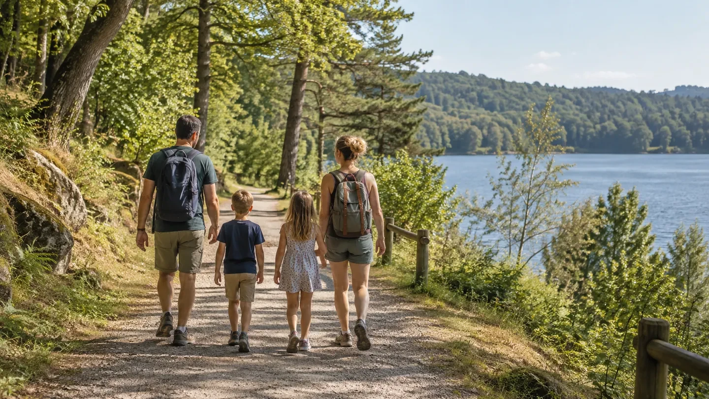Famille marchant sur un chemin au bord d’un lac