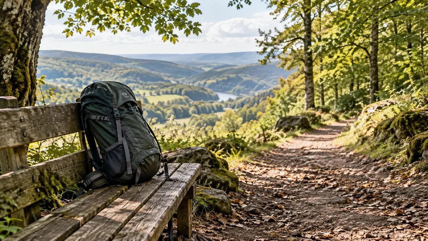 Sac de randonnée au départ d’un sentier boisé