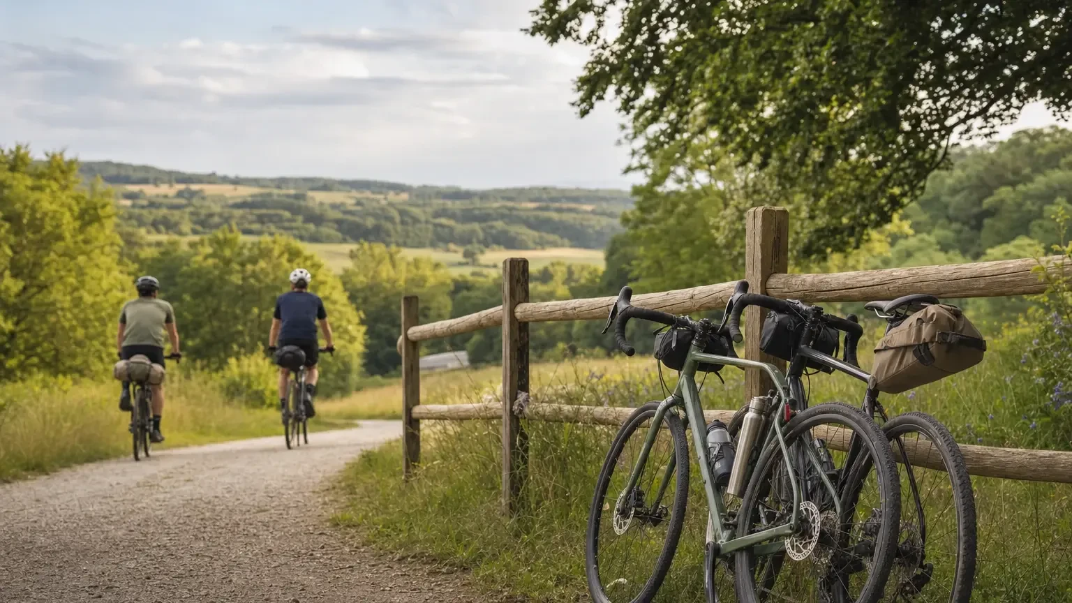Deux vélos de randonnée près d’un chemin rural vallonné autour de Limoges