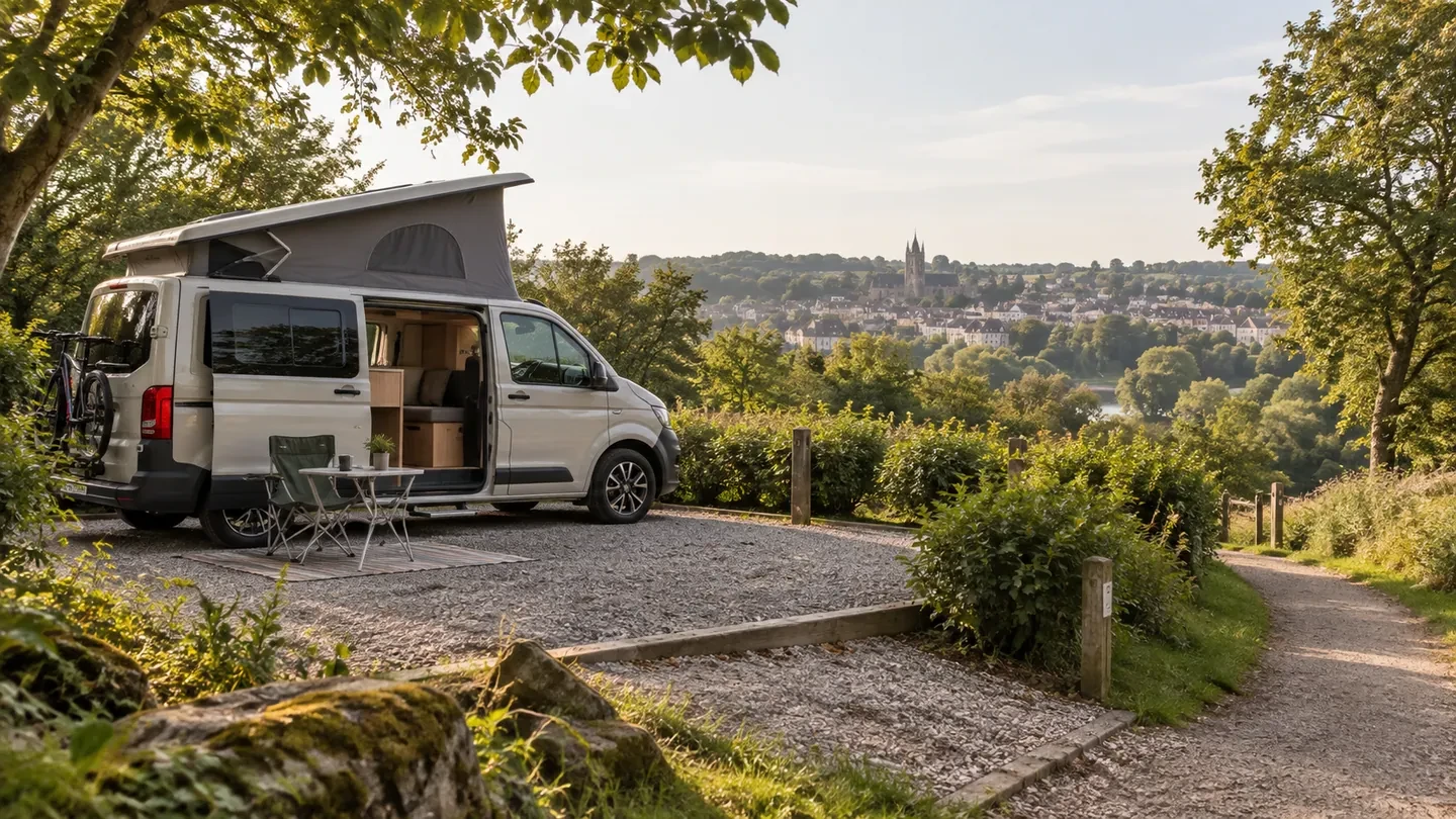Camping-car stationné près d’un chemin de promenade