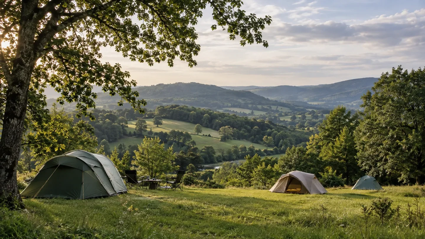 Prairies et collines boisées autour d’un petit camping